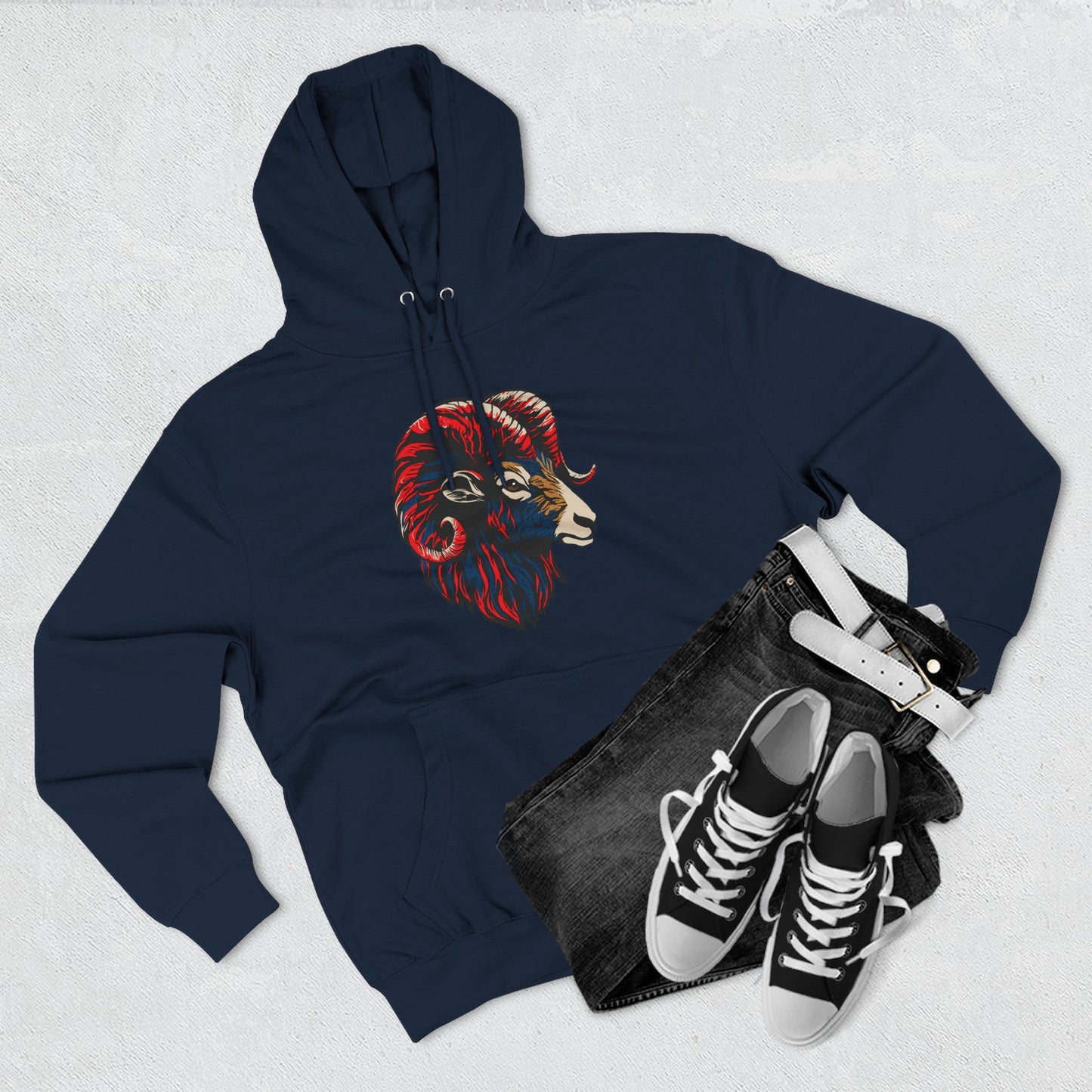 Hand-drawn Alaska Native inspired dall sheep hoodie — original Indigenous wildlife design — flat lay view