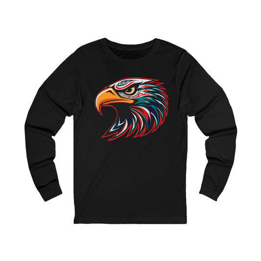 Hand-drawn eagle icon long-sleeve tee — original wildlife art by Kayanna Healy at Neo Native