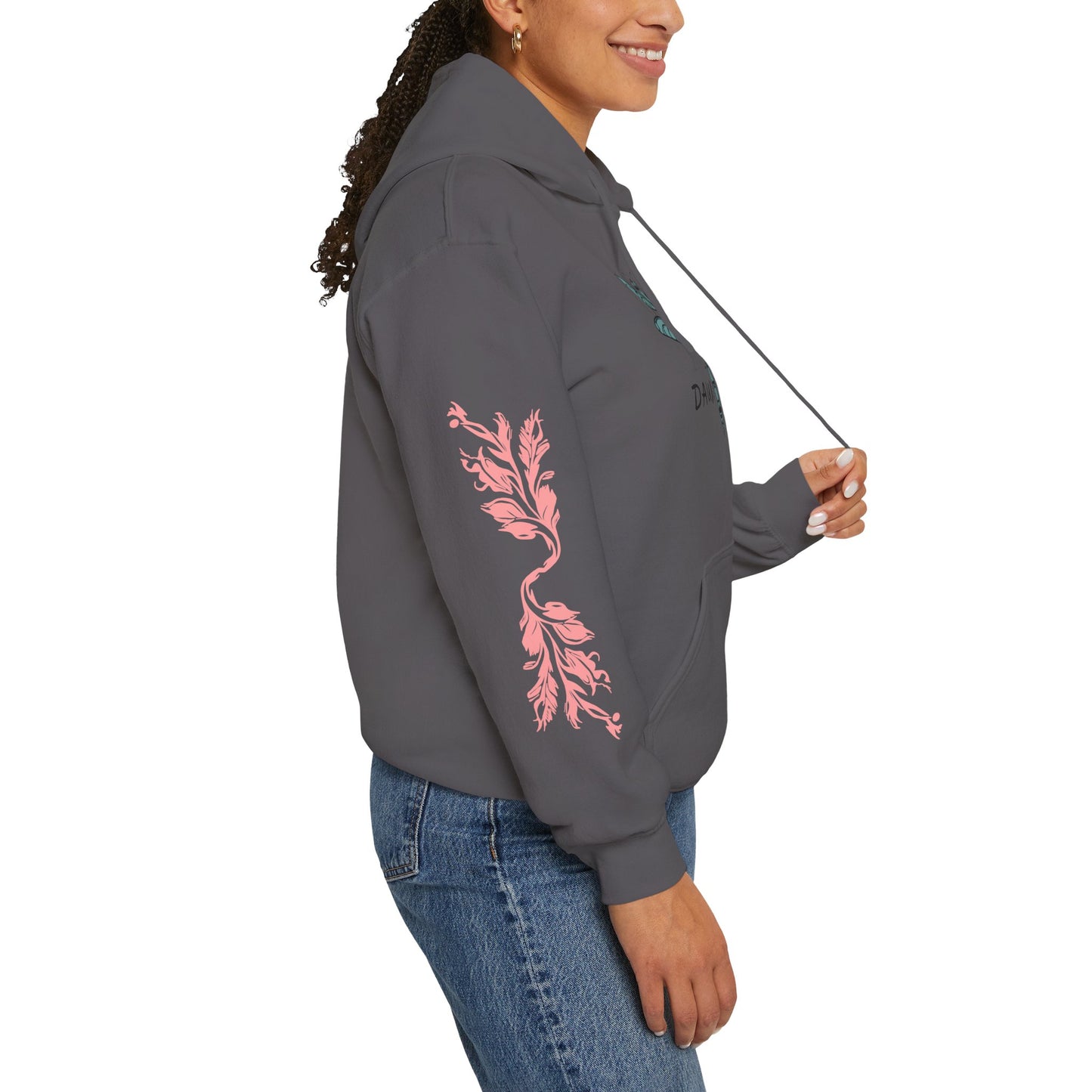 Hand-drawn 'Dauntless' word art hoodie inspired by Alaska Native design traditions — close-up texture detail
