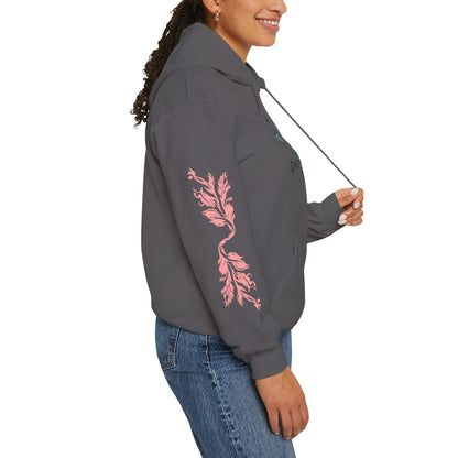 Hand-drawn 'Dauntless' word art hoodie inspired by Alaska Native design traditions — close-up texture detail