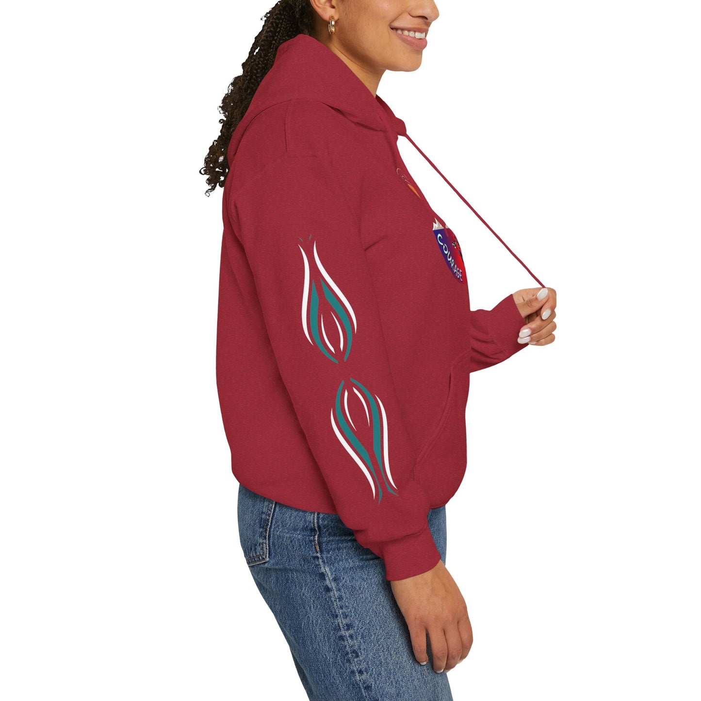 Hand-drawn 'Courage' word art hoodie inspired by Alaska Native design traditions — shown from a different angle