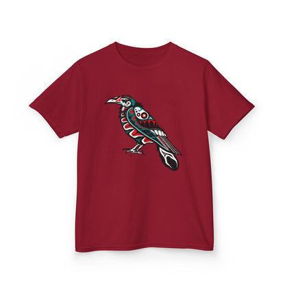 Hand-drawn Alaska Native inspired raven kids' shirt — original Indigenous wildlife design — styled product photo