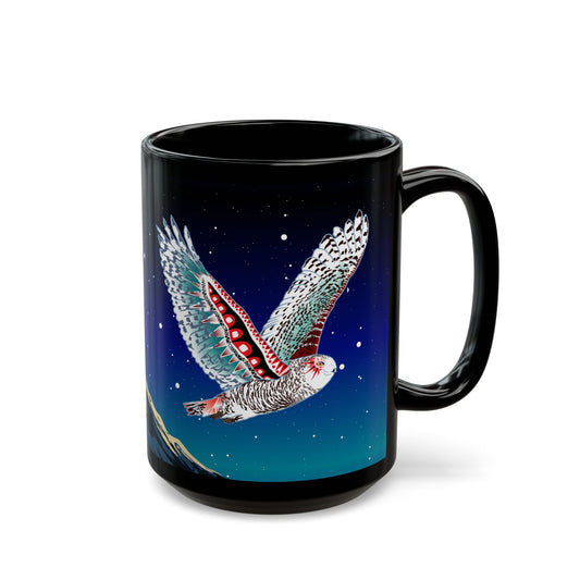 Hand-drawn snowy owl mug — original wildlife art by Kayanna Healy at Neo Native
