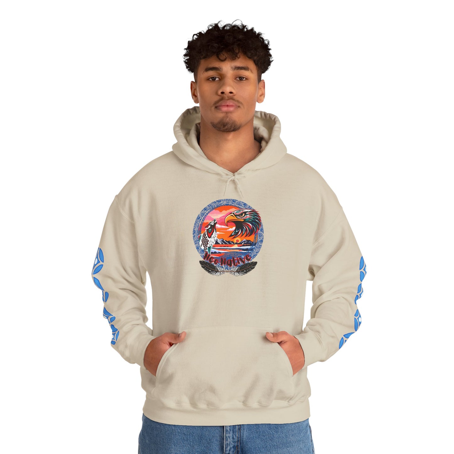 Neo Native brand logo hoodie — Alaska Native owned apparel brand — flat lay view
