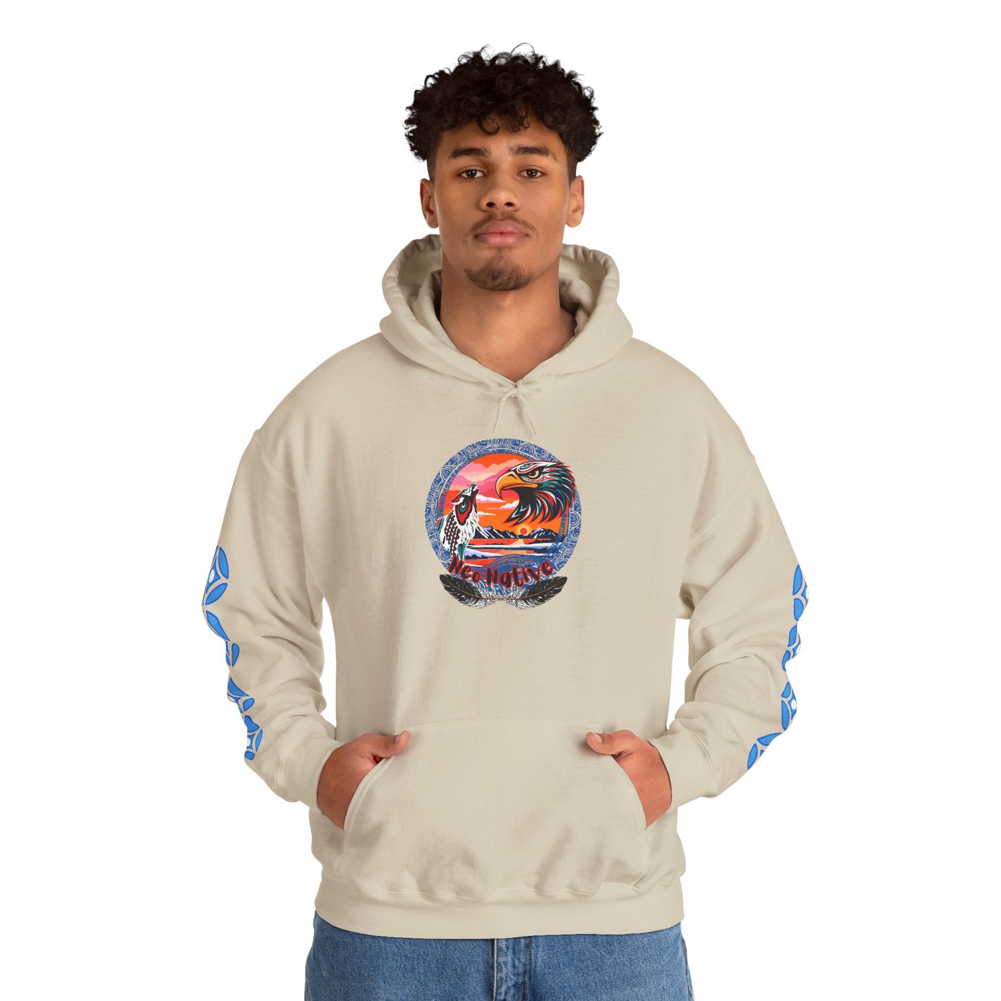 Neo Native brand logo hoodie — Alaska Native owned apparel brand — flat lay view