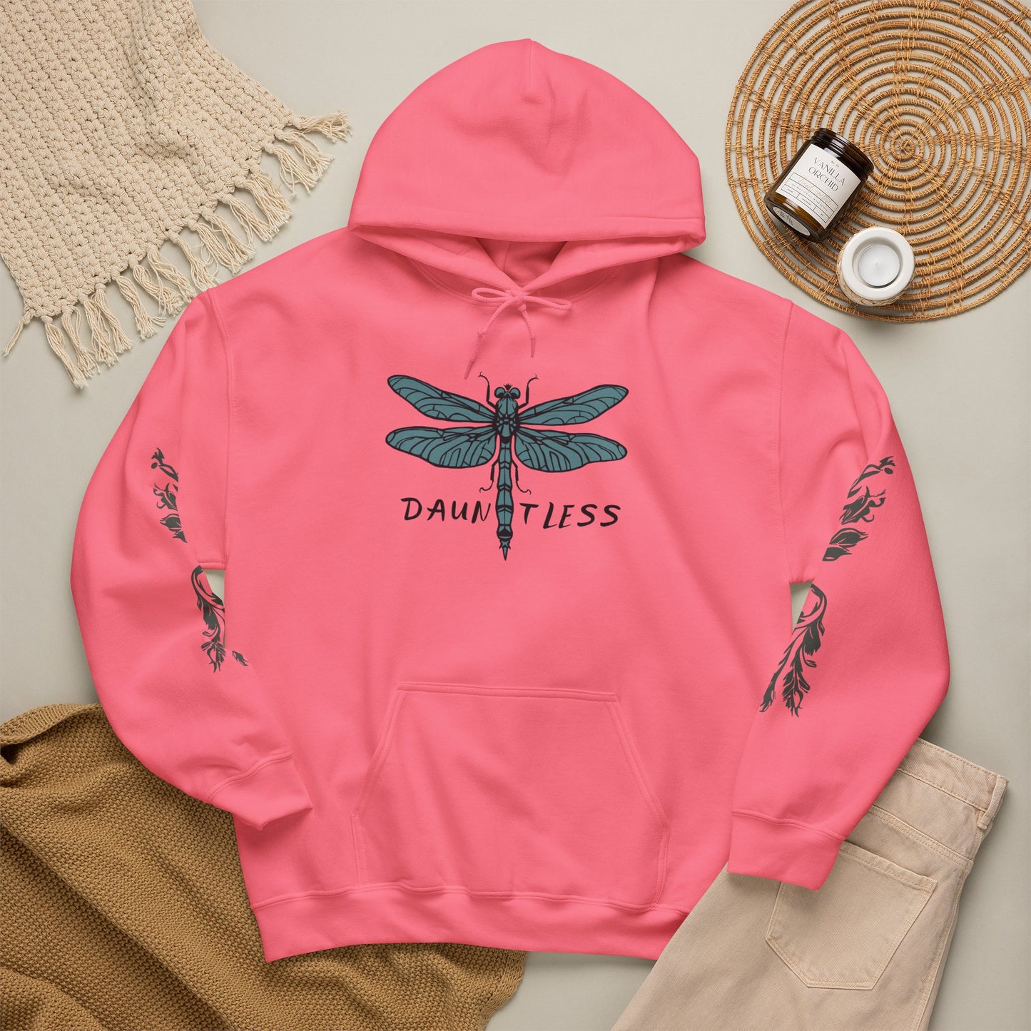 Hand-drawn 'Dauntless' word art hoodie inspired by Alaska Native design traditions — front view