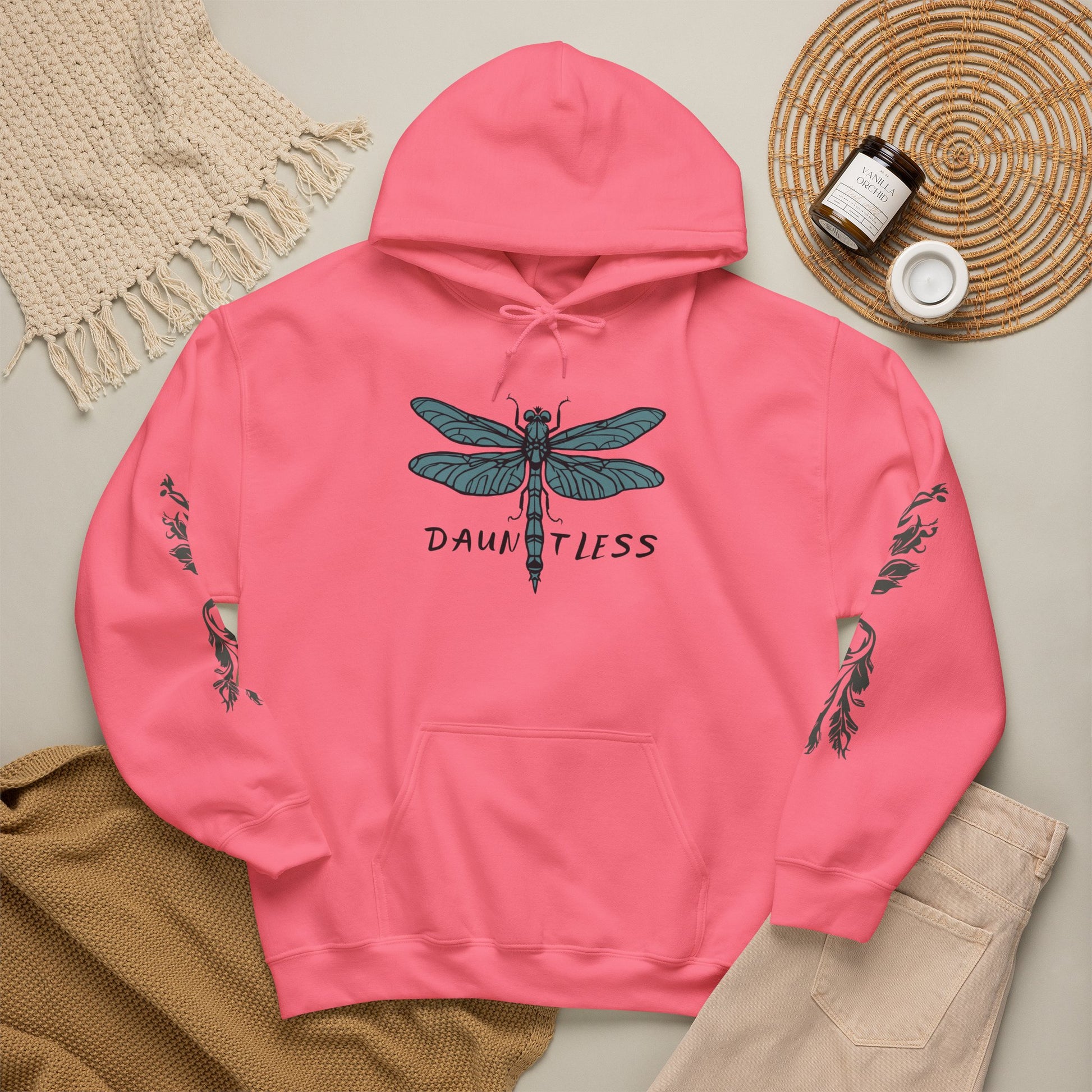 Hand-drawn 'Dauntless' word art hoodie inspired by Alaska Native design traditions — front view