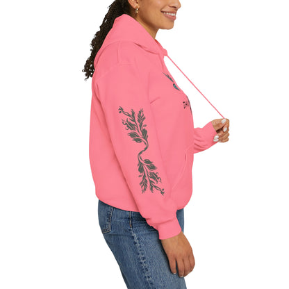 Hand-drawn 'Dauntless' word art hoodie inspired by Alaska Native design traditions — close-up texture detail