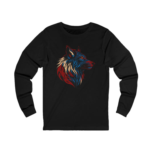 Hand-drawn wolf icon long-sleeve tee — original wildlife art by Kayanna Healy at Neo Native