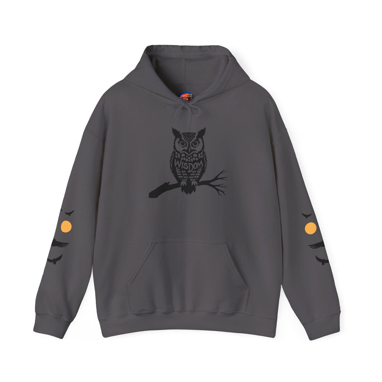 Hand-drawn 'Wisdom' word art hoodie inspired by Alaska Native design traditions — front view