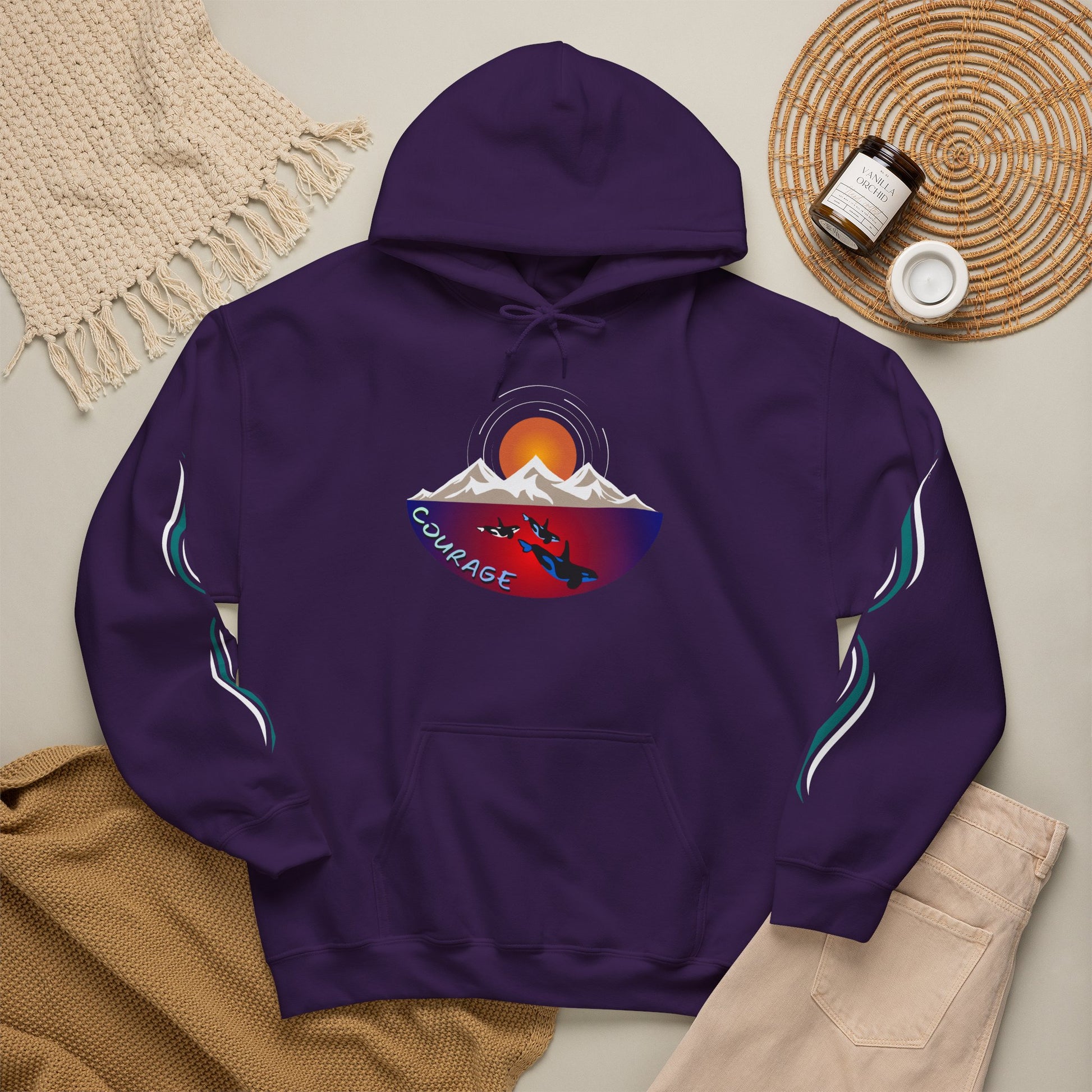 Hand-drawn 'Courage' word art hoodie inspired by Alaska Native design traditions — close-up texture detail