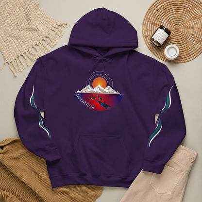 Hand-drawn 'Courage' word art hoodie inspired by Alaska Native design traditions — close-up texture detail
