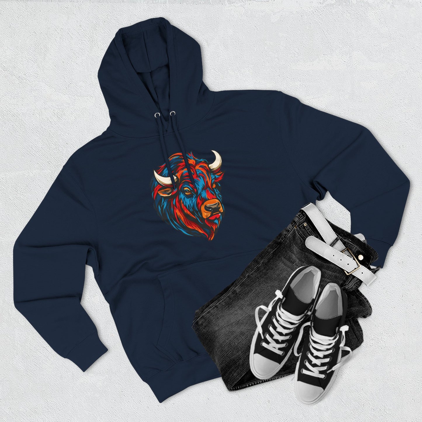 Hand-drawn Alaska Native inspired bison hoodie — original Indigenous wildlife design — shown in an alternate colorway
