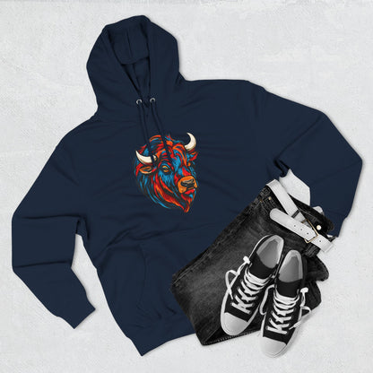 Hand-drawn Alaska Native inspired bison hoodie — original Indigenous wildlife design — shown in an alternate colorway