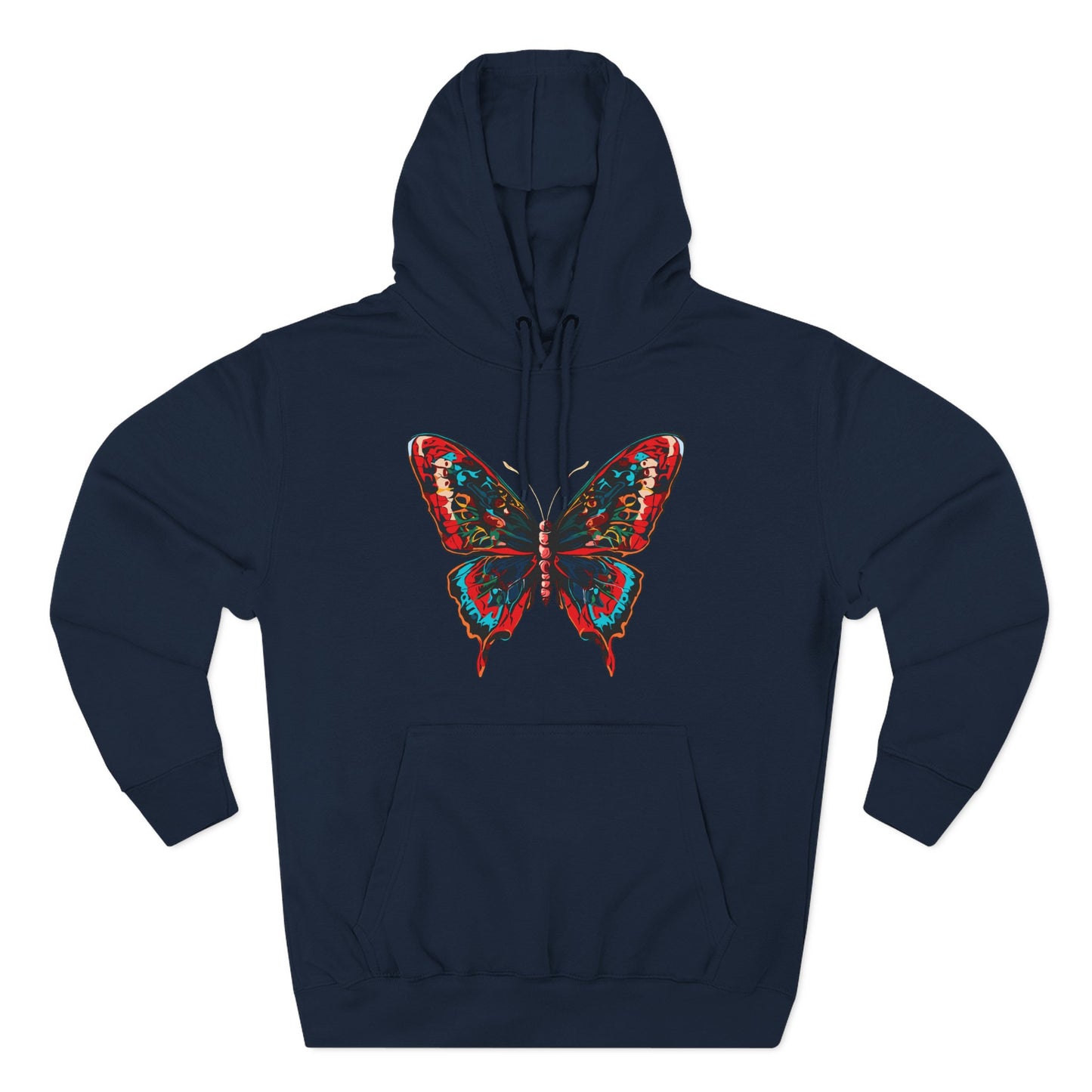 Hand-drawn Alaska Native inspired butterfly hoodie — original Indigenous wildlife design — shown from a different angle