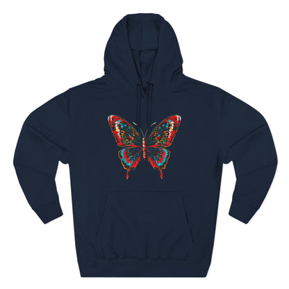Hand-drawn Alaska Native inspired butterfly hoodie — original Indigenous wildlife design — shown from a different angle