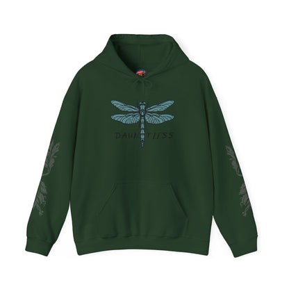 Hand-drawn 'Dauntless' word art hoodie inspired by Alaska Native design traditions — close-up of the design detail