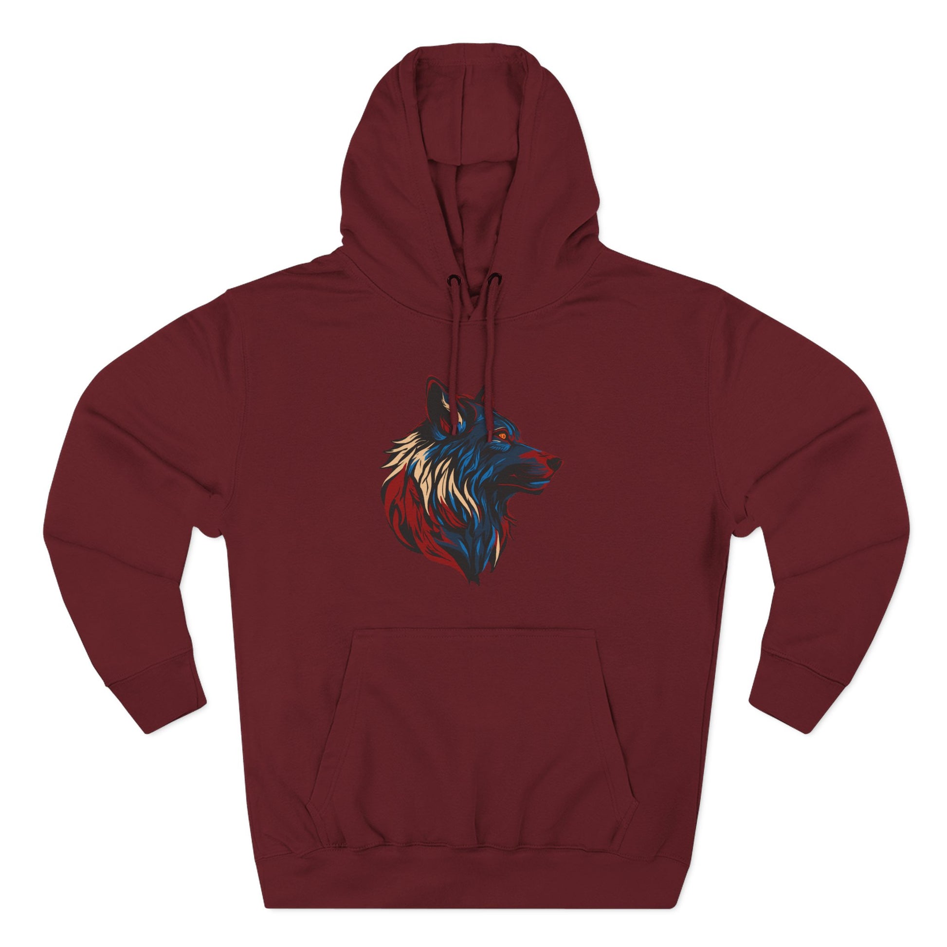 Hand-drawn Alaska Native inspired wolf hoodie — original Indigenous wildlife design — shown from a different angle