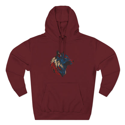Hand-drawn Alaska Native inspired wolf hoodie — original Indigenous wildlife design — shown from a different angle