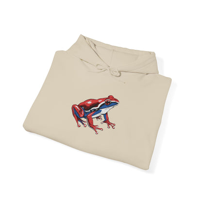 Hand-drawn Alaska Native inspired wood frog hoodie — original Indigenous wildlife design — close-up texture detail