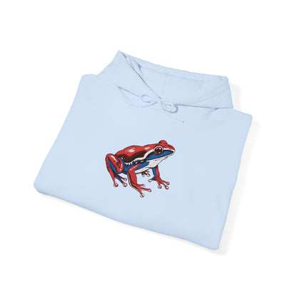 Hand-drawn Alaska Native inspired wood frog hoodie — original Indigenous wildlife design — front view