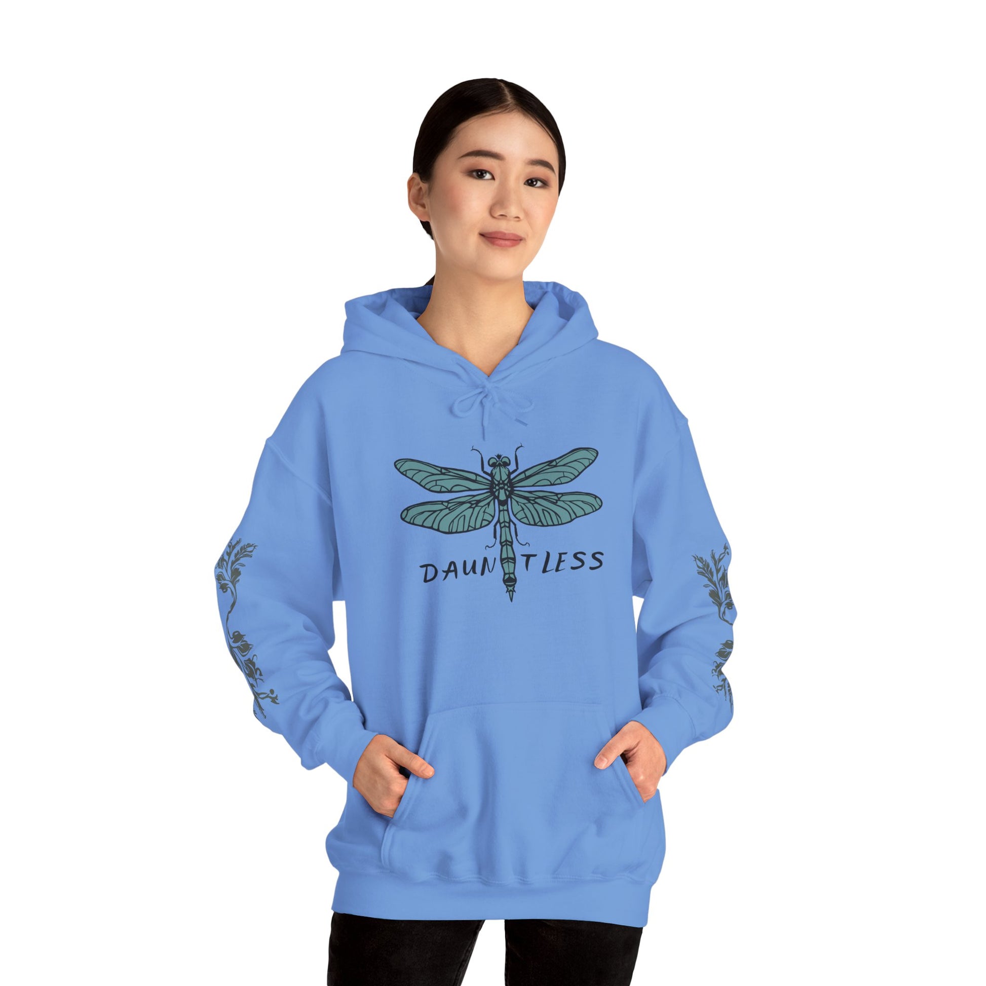 Hand-drawn 'Dauntless' word art hoodie inspired by Alaska Native design traditions — close-up of the design detail