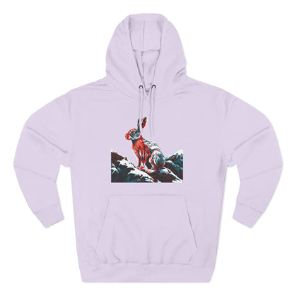Hand-drawn Alaska Native inspired snowshoe hare hoodie — original Indigenous wildlife design — styled product photo