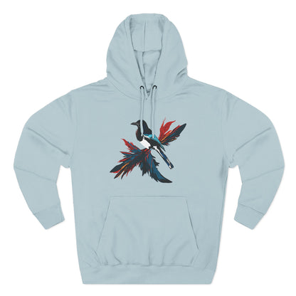 Hand-drawn Alaska Native inspired magpie hoodie — original Indigenous wildlife design — back view