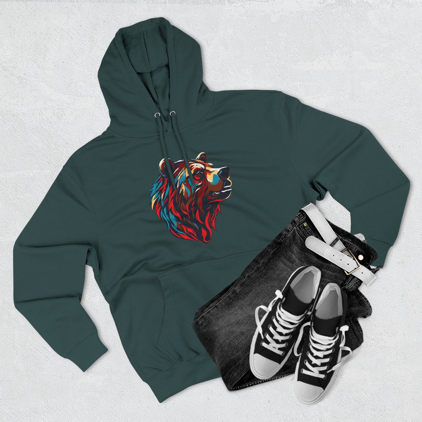 Hand-drawn Alaska Native inspired grizzly bear hoodie — original Indigenous wildlife design — close-up texture detail