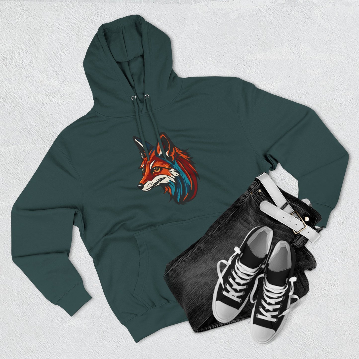 Hand-drawn Alaska Native inspired red fox hoodie — original Indigenous wildlife design — back view