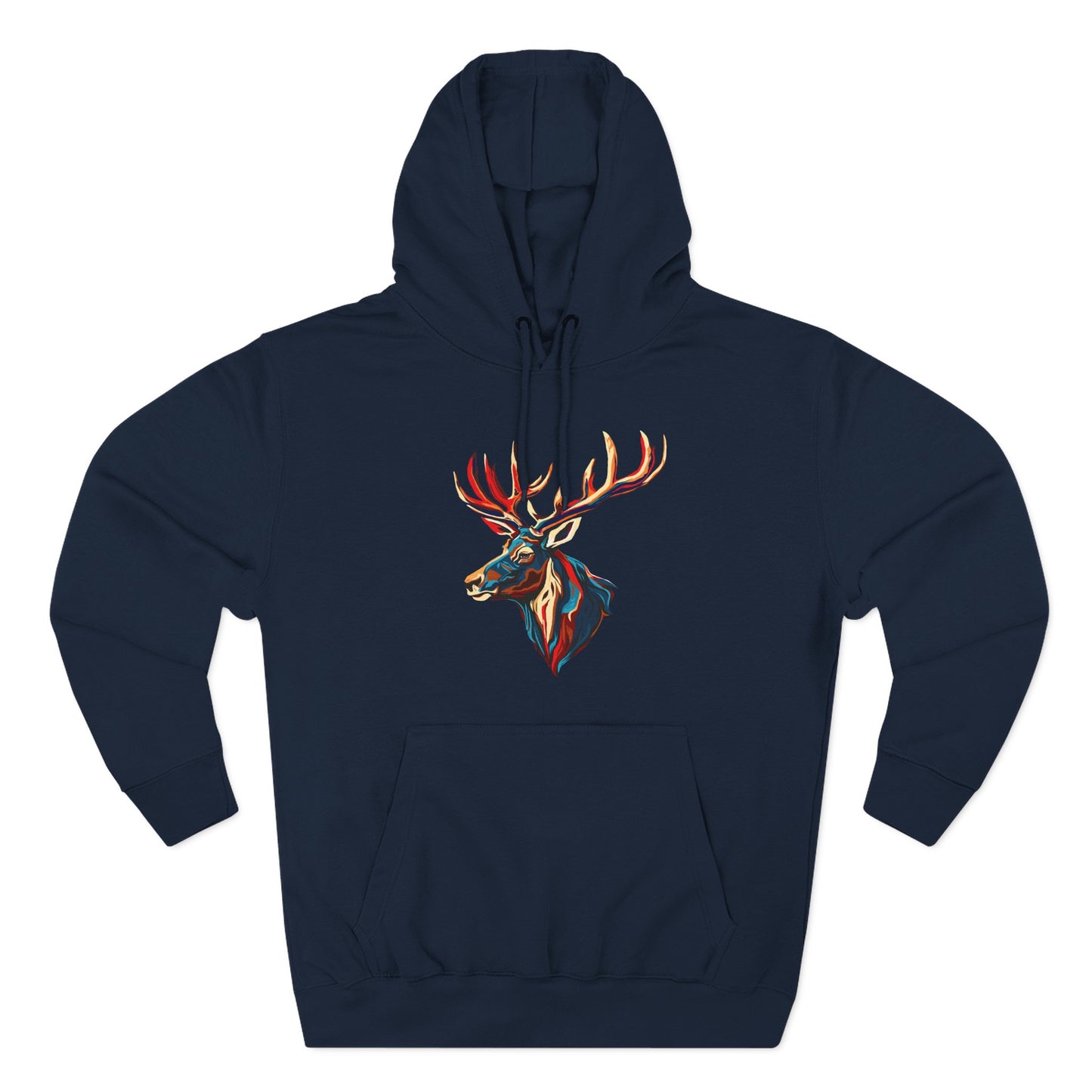 Hand-drawn Alaska Native inspired elk hoodie — original Indigenous wildlife design — shown from a different angle