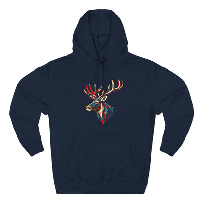 Hand-drawn Alaska Native inspired elk hoodie — original Indigenous wildlife design — shown from a different angle