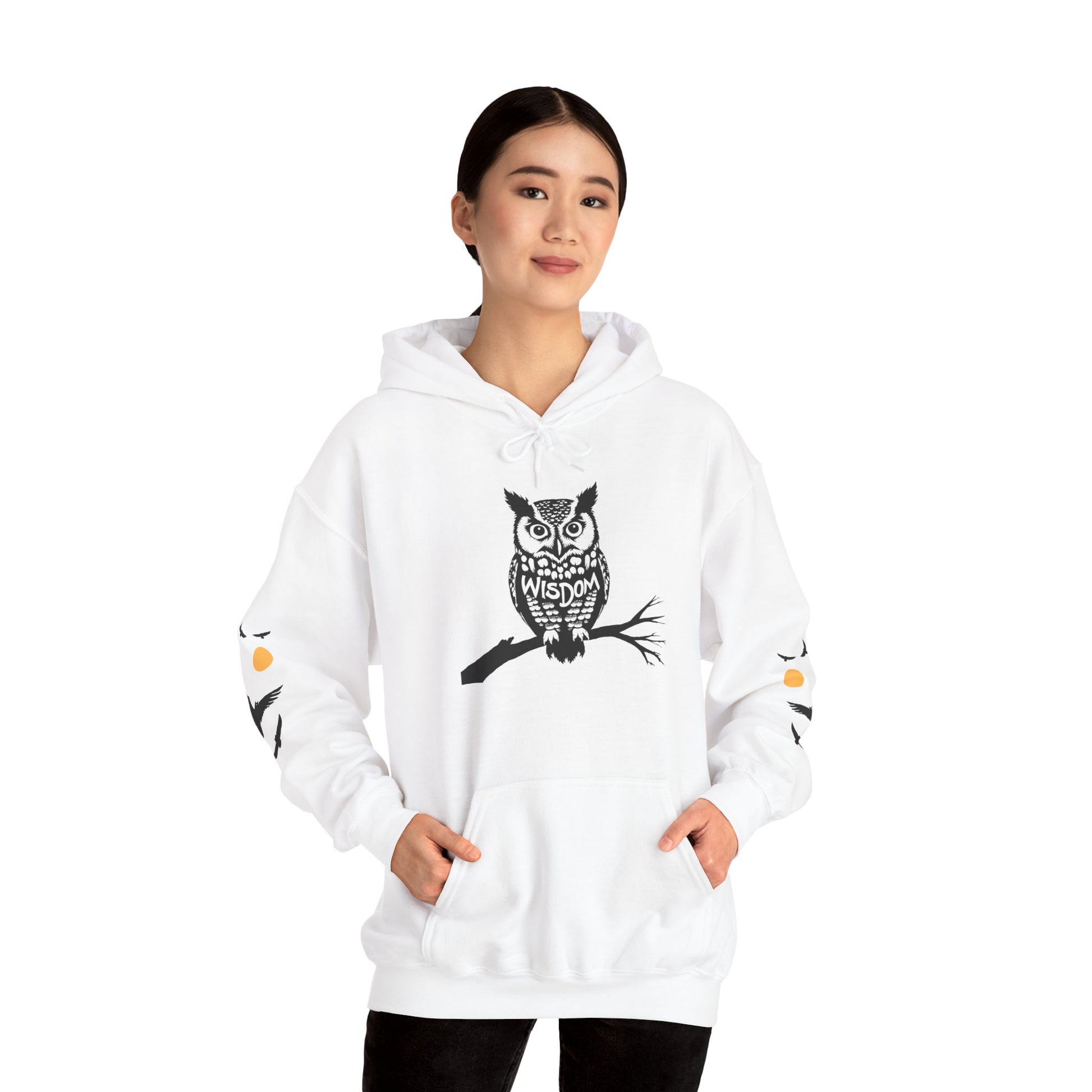 Hand-drawn 'Wisdom' word art hoodie inspired by Alaska Native design traditions — flat lay view