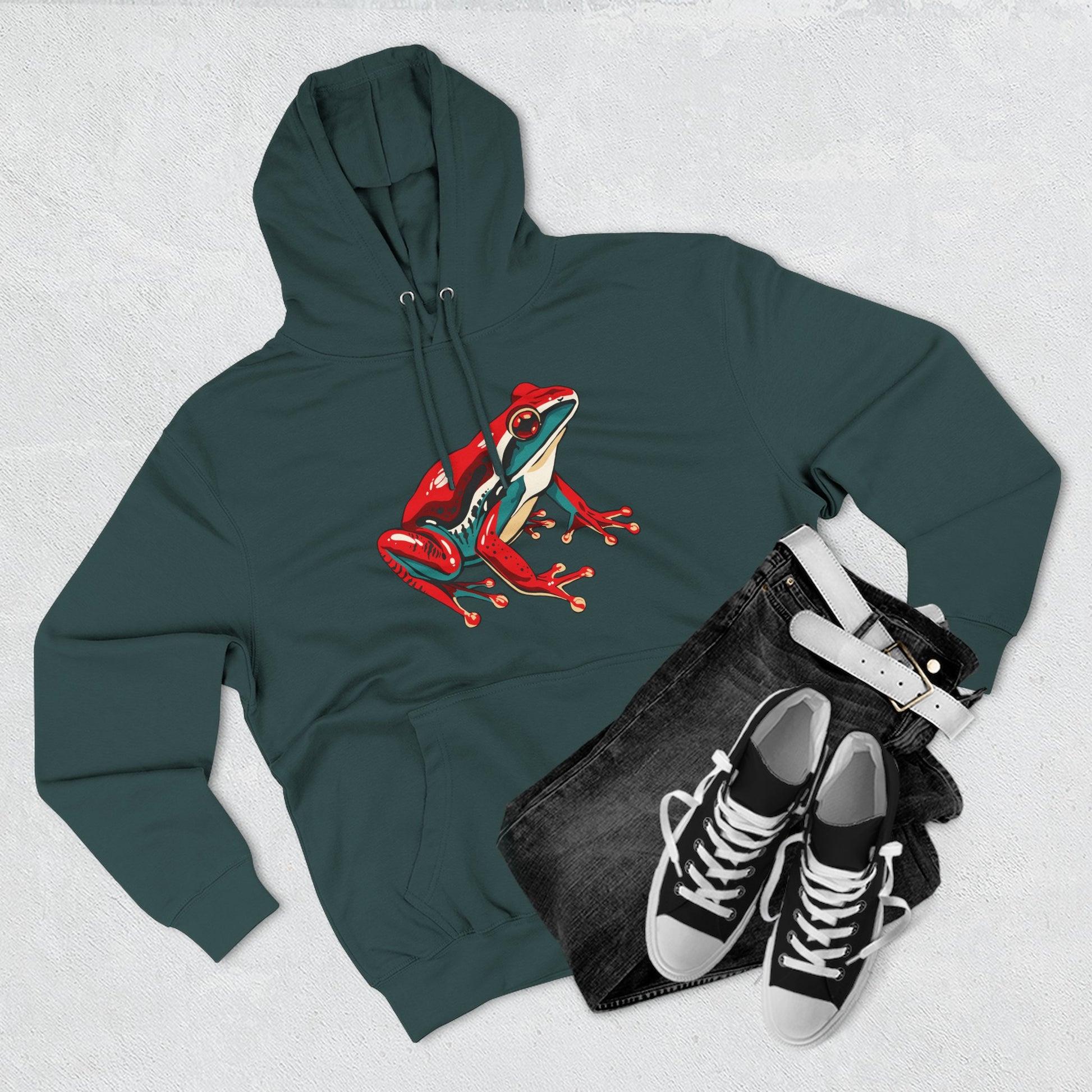 Hand-drawn Alaska Native inspired wood frog hoodie — original Indigenous wildlife design — shown in an alternate colorway