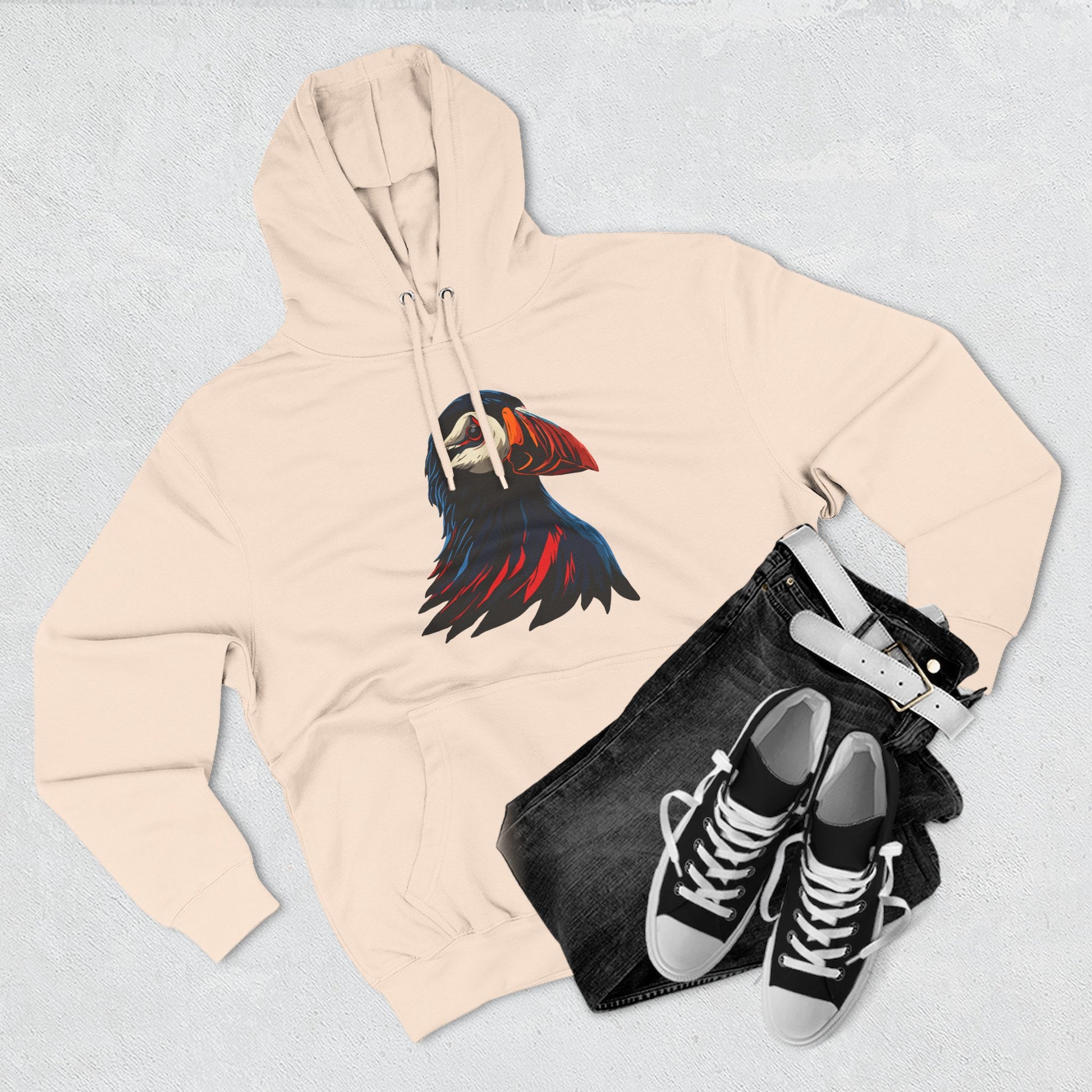 Hand-drawn Alaska Native inspired puffin hoodie — original Indigenous wildlife design — back view
