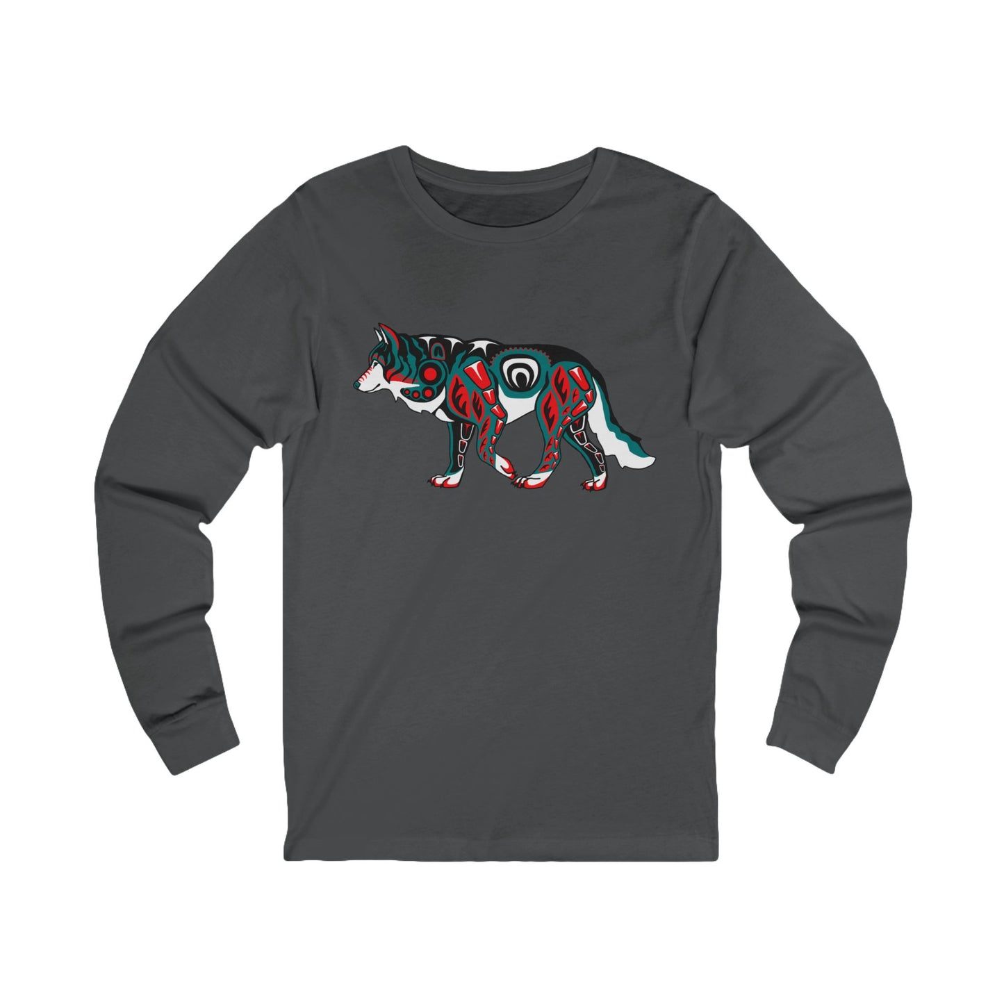 Hand-drawn walking wolf long-sleeve tee — original wildlife art by Kayanna Healy at Neo Native