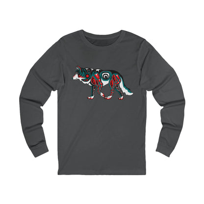 Hand-drawn walking wolf long-sleeve tee — original wildlife art by Kayanna Healy at Neo Native
