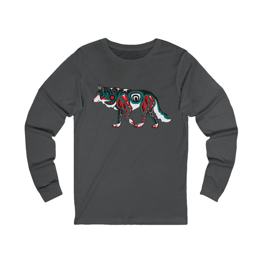 Hand-drawn walking wolf long-sleeve tee — original wildlife art by Kayanna Healy at Neo Native