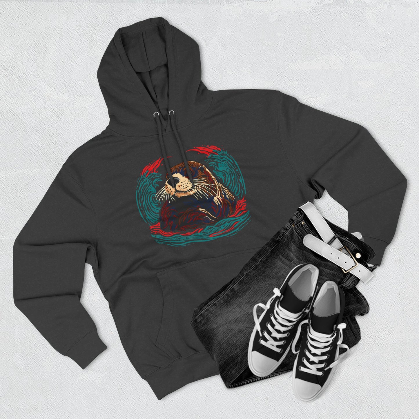 Hand-drawn Alaska Native inspired sea otter hoodie — original Indigenous wildlife design — back view