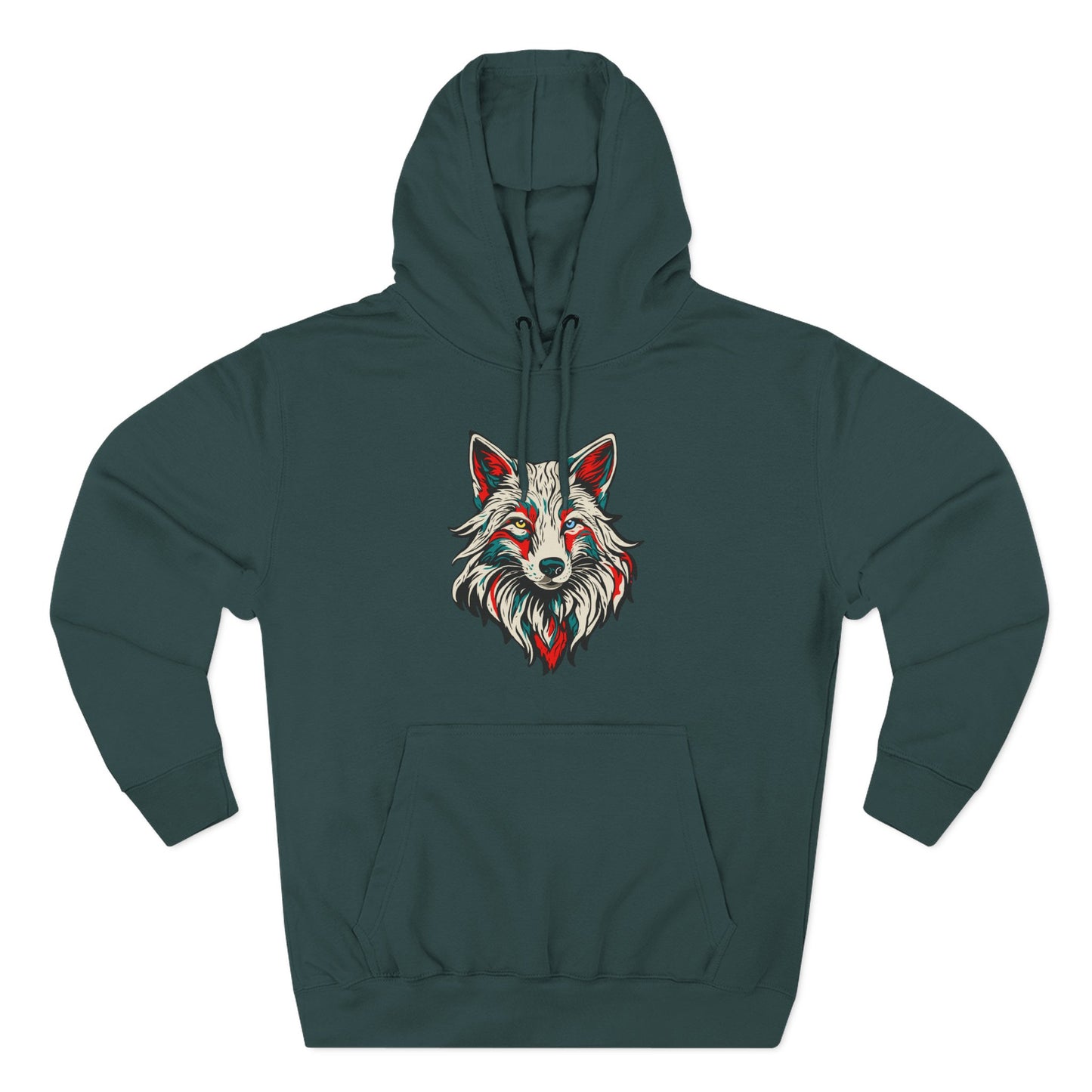 Hand-drawn Alaska Native inspired arctic fox hoodie — original Indigenous wildlife design — shown from a different angle