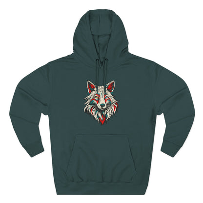 Hand-drawn Alaska Native inspired arctic fox hoodie — original Indigenous wildlife design — shown from a different angle