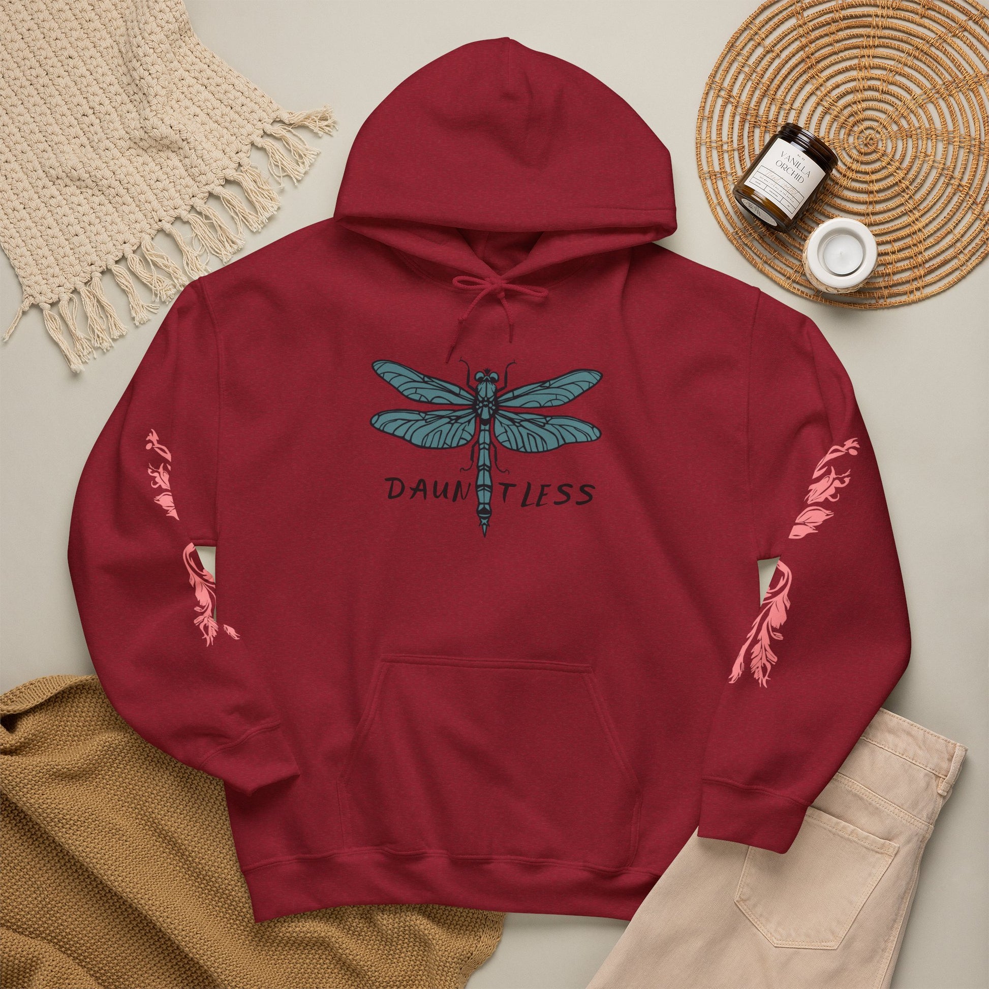 Hand-drawn 'Dauntless' word art hoodie inspired by Alaska Native design traditions — styled product photo