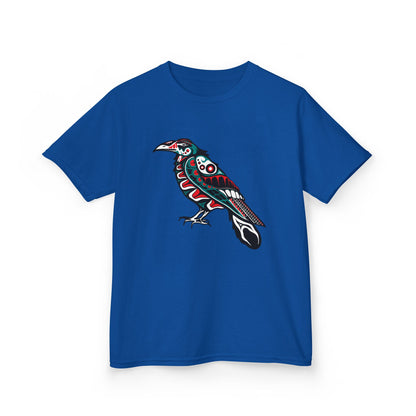 Hand-drawn Alaska Native inspired raven kids' shirt — original Indigenous wildlife design — back view