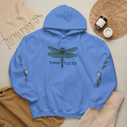 Hand-drawn 'Dauntless' word art hoodie inspired by Alaska Native design traditions — styled product photo