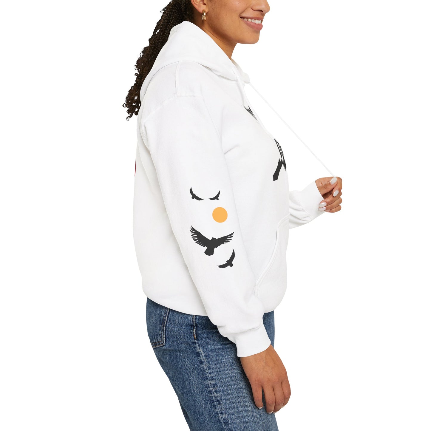 Hand-drawn 'Wisdom' word art hoodie inspired by Alaska Native design traditions — back view