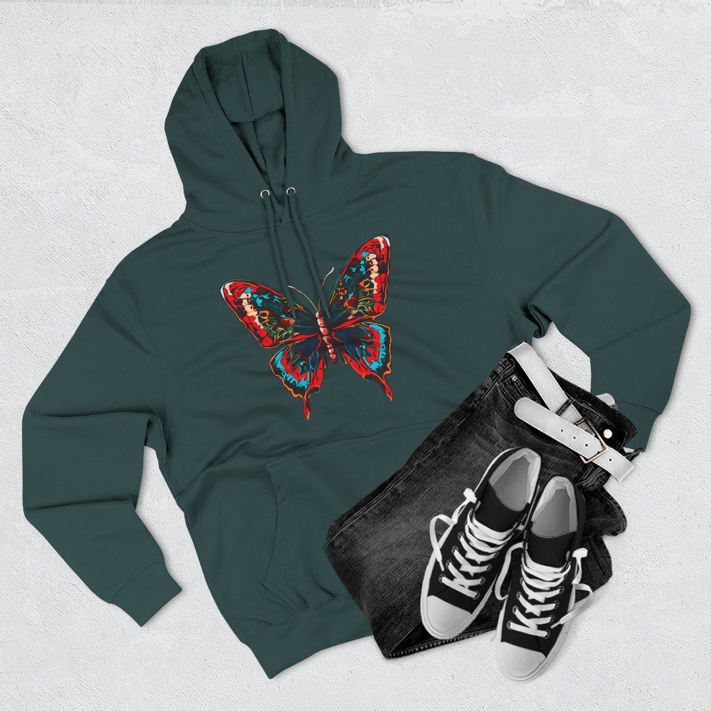 Hand-drawn Alaska Native inspired butterfly hoodie — original Indigenous wildlife design — back view