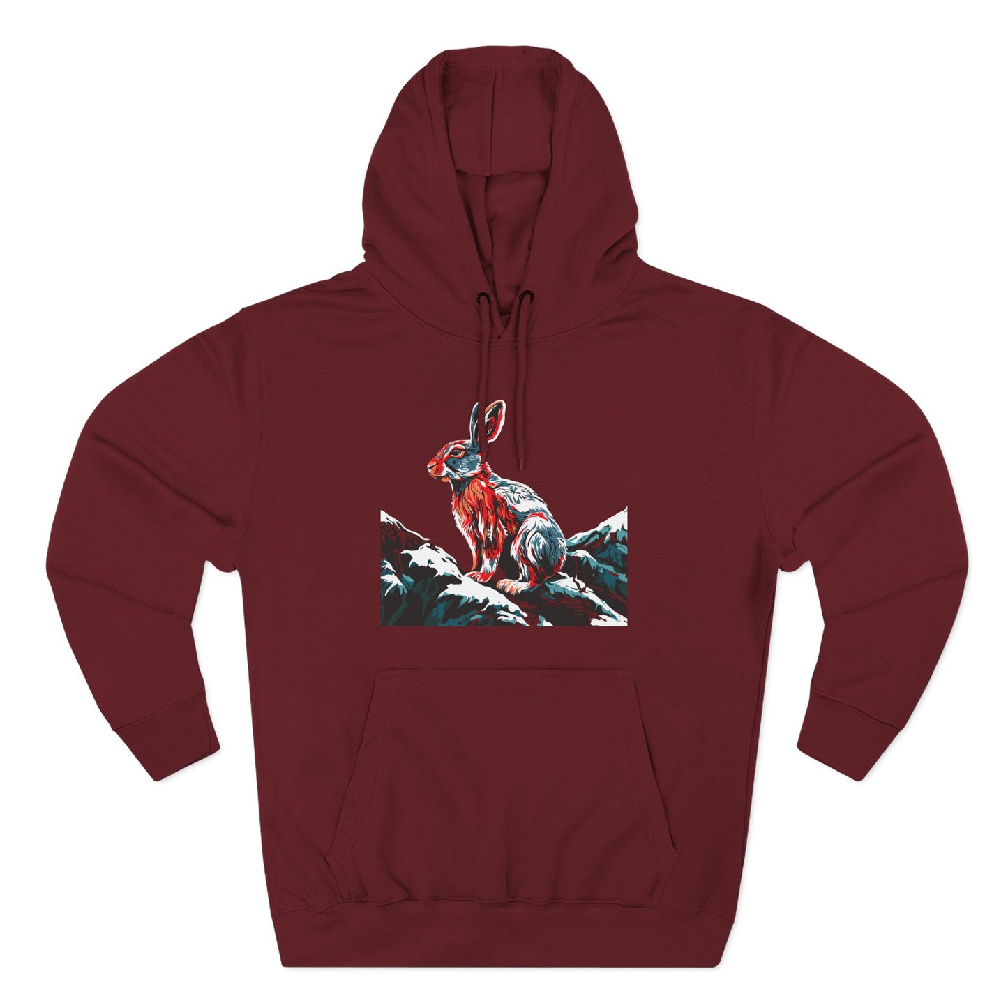 Hand-drawn Alaska Native inspired snowshoe hare hoodie — original Indigenous wildlife design — back view