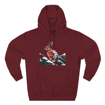 Hand-drawn Alaska Native inspired snowshoe hare hoodie — original Indigenous wildlife design — back view