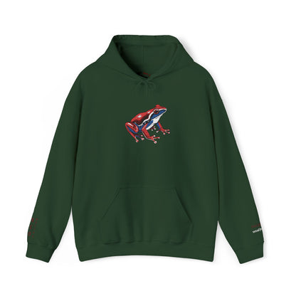 Hand-drawn Alaska Native inspired wood frog hoodie — original Indigenous wildlife design — front view