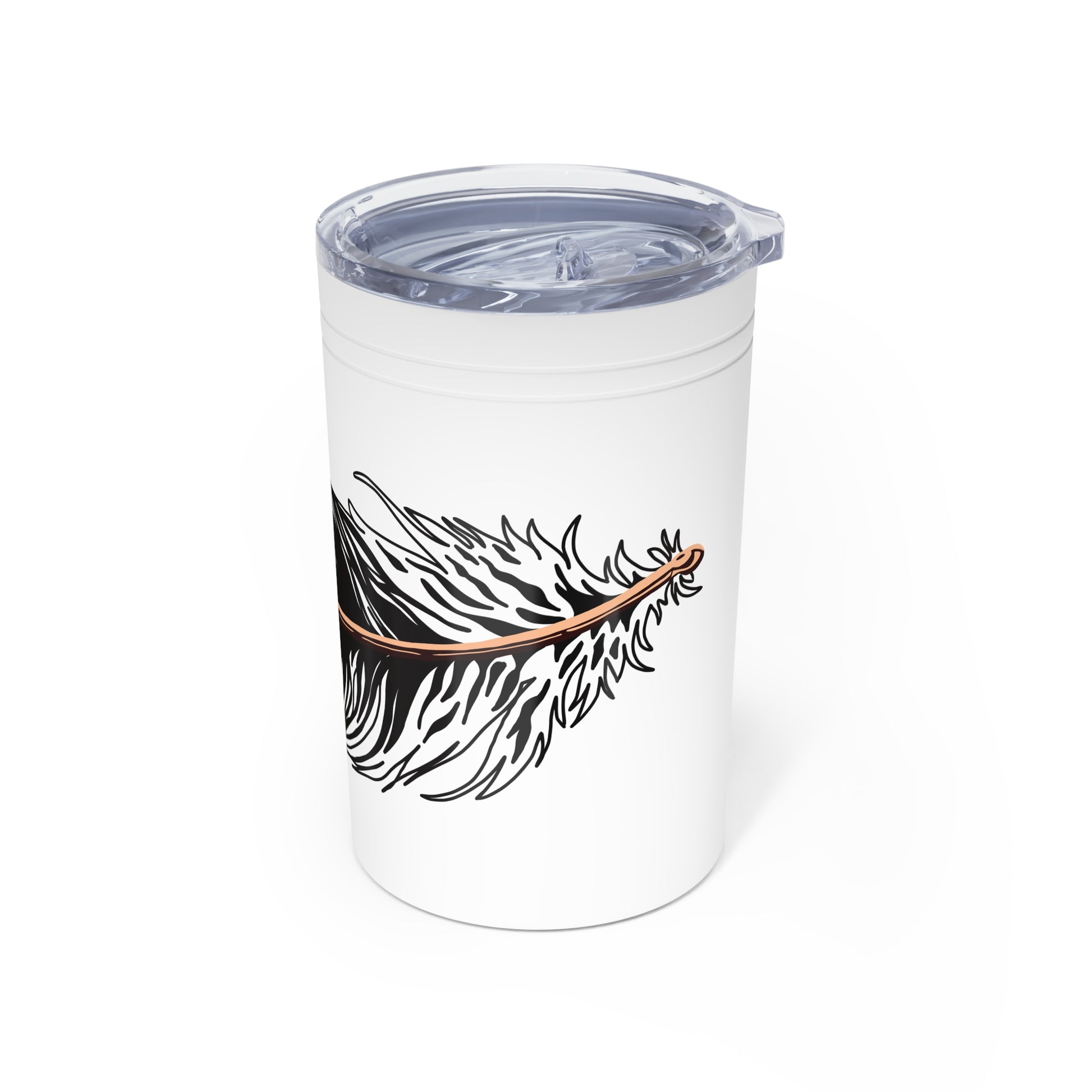 Hand-drawn Alaska Native inspired eagle feather tumbler — original Indigenous wildlife design — styled product photo